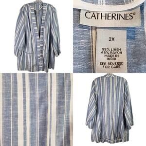 Catherines Open Front Jacket Size 2X Linen Blend Blue White New Beach Resort